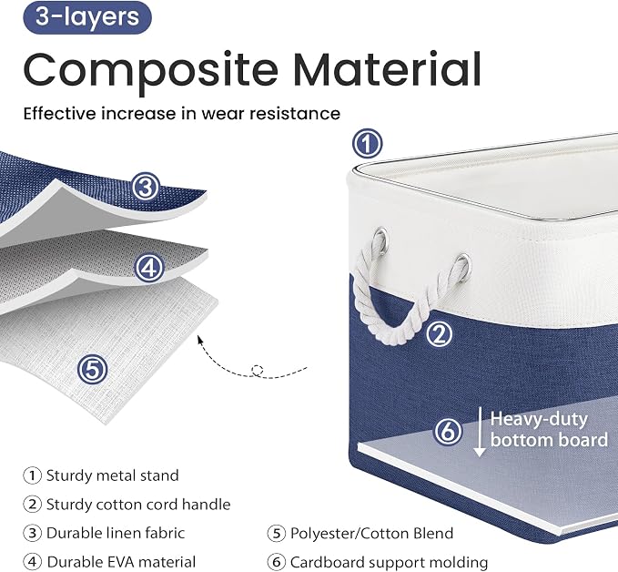 Large Storage Baskets- 15x11x10 inch Storage Bins for Shelves and Closet Organizing, Foldable Fabric Bin for Home Organization Clothes and Laundry (6-Pack, White&Blue) - Image 2