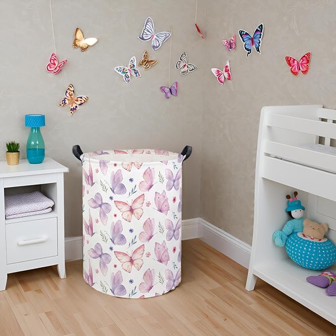 HIYAGON Butterfly Baby Laundry Basket Baby Hamper for Nursery Girl Kids Butterfly Hamper Cute Kids Toys Storage Bin Organizer Butterfly Room Decor for Home(Watercolor Butterfly) - Image 3