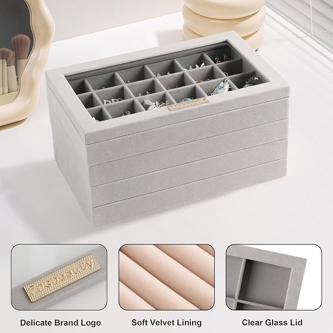 Frebeauty Stackable Jewelry Trays, Velvet Drawer Jewelry Organizer with Glass Lid,5 in 1 Multi-Functional Jewelry Storage for Earrings Necklaces Rings, 10.5 x 6.5 x 5.55 Inches Gift for Women(Grey) - Image 5
