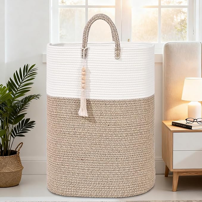 65L Woven Laundry Basket for Clothes, Large Rectangle Laundry Hampers with Beads Tassel, Nursery Storage Basket for Toys, Tall Dirty Clothes Hamper for Bedroom Aesthetic, Laundry Room Organization - Image 5