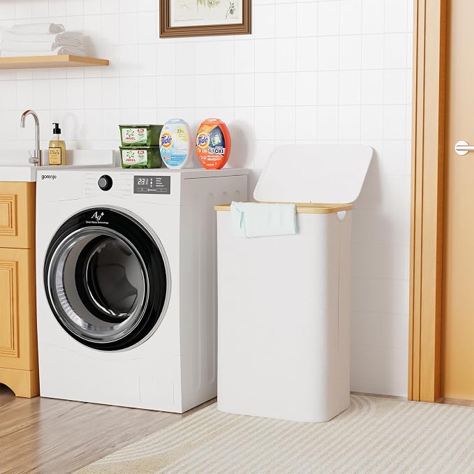SUOCO Laundry Hamper with Lid, 29 Gal (110L) Clothes Basket with Bamboo Handles, Large Foldable Laundry Hamper for Bedroom, Bathroom, Dorm, Laundry Room - White - Image 3