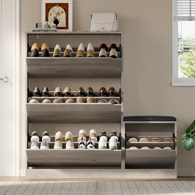 BORNOON Shoe Cabinet with Bench and 3 Flip Drawers, Slim Narrow Shoe Storage Cabinet, Freestanding Shoe Rack Organizer with Adjustable & Removable Shelves, Anti-Tip for Entryway, Hallway, Foyer - Image 7