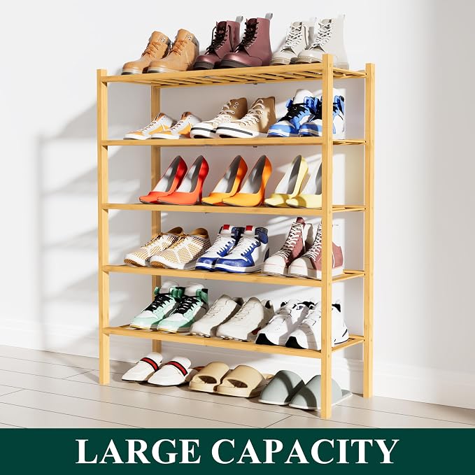 Smiry Shoe Rack, 5 Tier Bamboo Shoe Organizer, Stackable Free Standing Wooden Shoe Storage Shelf for Closet, Entryway, Front Door Entrance, Natural Bamboo - Image 5