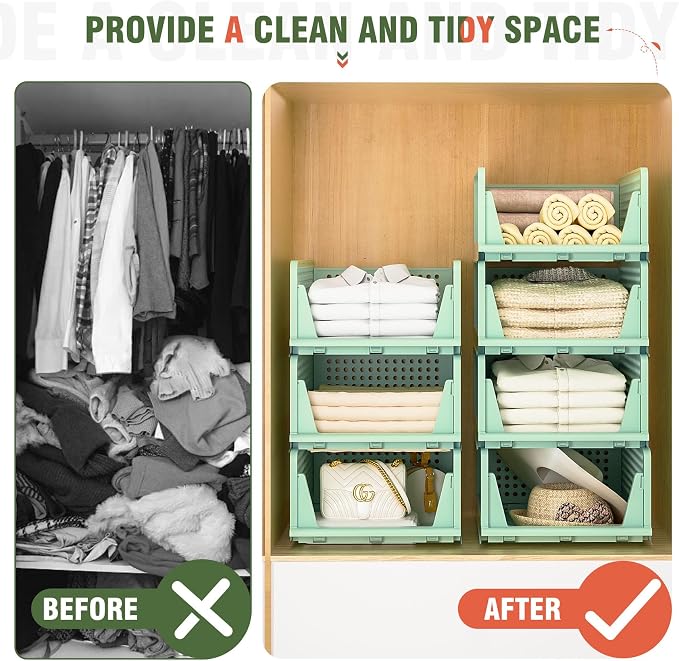Closet Organizer, 4 Pack Stackable Storage Bins for Closet Shelves, Plastic Storage Drawers Basket Weekly Clothes Organizer for Kids(4L)（Green） - Image 4