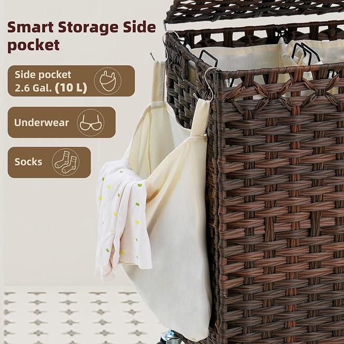 Laundry Hamper with Lid, 160L Rattan Wicker Laundry Basket with Wheels, Handwoven Laundry Hamper 3-Section with Storage shelf(42.3 Gal), Laundry Sorter Basket with Removable Liner,Brown HLH033BR - Image 9