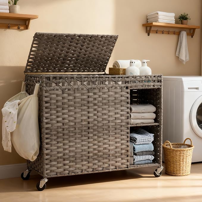 Laundry Hamper with Lid, 160L Rattan Wicker Laundry Basket with Wheels, Handwoven Laundry Hamper 3-Section with Storage shelf(42.3 Gal), Laundry Sorter Basket with Removable Liner, GreyHLH033G by HEYBLY