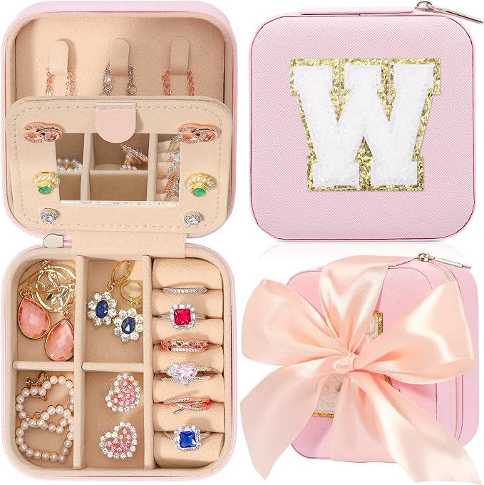 CHMI Travel Jewelry Case, Pink Travel Jewelry Box, Travel Jewelry Organizer, Travel Gifts for Women Girls, Jewelry Organizer Box, Birthday Gifts for Women, Christmas Gifts for Teens Girls - Initial W by CHMI