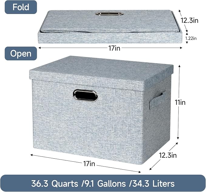Graciadeco Large 17" 36 Quart Collapsible Stackable Storage Bins with Lids, 3 Packs Blue-Grey Linen Fabric Closet Boxes with Lids, Storage Cube Baskets Container Organizers for Bedroom (17x12x11) - Image 2