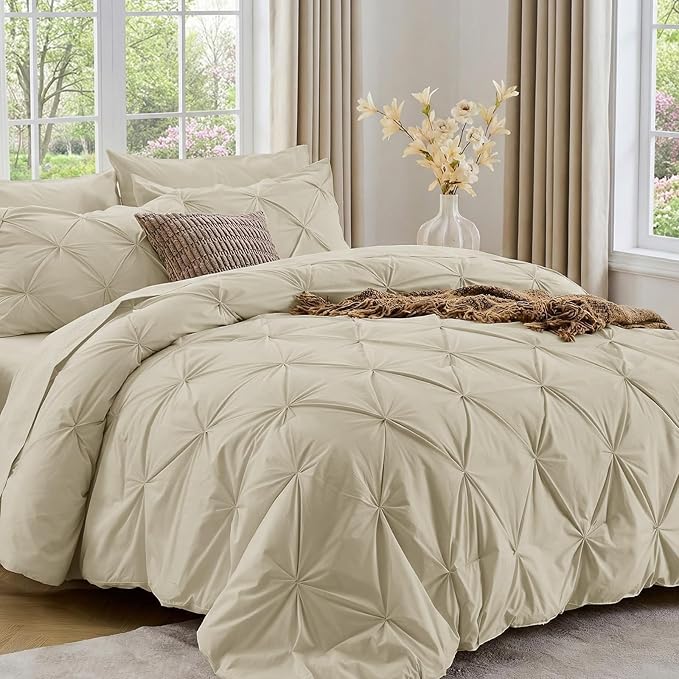 Sasttie Full Size Comforter Set, 7-Piece Bed in a Bag Double, Pintuck Bedding Set for All Season, Includes Comforter, Flat Sheet, Fitted Sheet, Pillowcases and Pillowshams, Linen