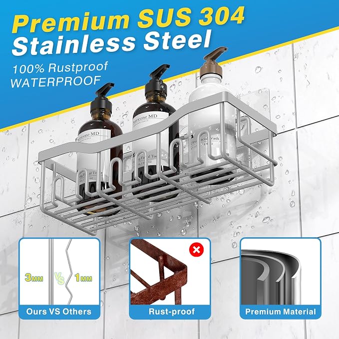 EUDELE 5-Pack Rustproof Stainless Steel Shower Caddy Set– No Drill Adhesive Bathroom Organizer, Space-Saving Shower Shelves for Apartment Essentials, Bathroom/Kitchen Storage Home Decor-L Size - Image 5