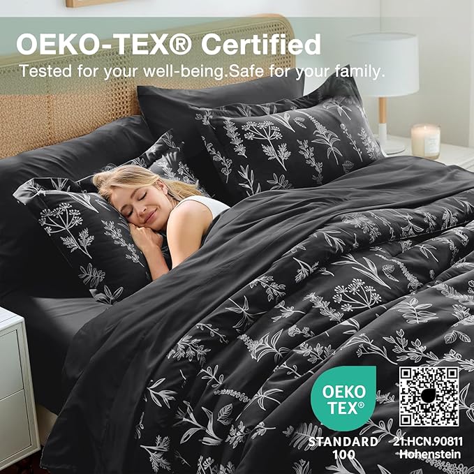MUXHOMO Black Full Comforter Set, Elegant Floral Print Bed in a Bag 7 Pieces, Ultra Soft & Breathable Reversible Botanical Pattern Bedding Set with Comforter, Sheets, Pillowcases, and Shams