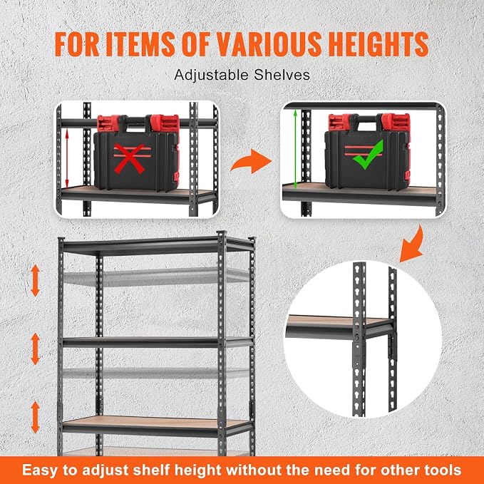 VEVOR Storage Shelving Unit, 5-Tier Adjustable, 2000 lbs Capacity, Heavy Duty Garage Shelves Metal Organizer Utility Rack, Black, 36" L x 18" W x 72" H for Kitchen Pantry Basement Bathroom Laundry - Image 8