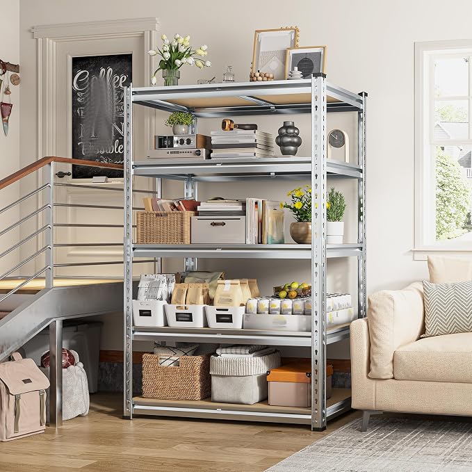 REIBII Garage Shelving, 5 Tier Storage Shelves Load 2400LBS, Adjustable Garage Shelves Heavy Duty, Metal Shelving Unit with Waterproof Columns for Warehouse, 35.5" W x 11.9" D x 72" H, Galvanized by REIBII