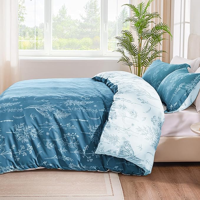 Love's cabin Mineral Blue Full Comforter Set - Full Size Comforter Set, 3 Pieces Cute Floral Bedding Sets for All Seasons,1 Soft Reversible Botanical Flowers Comforter and 2 Pillow Shams