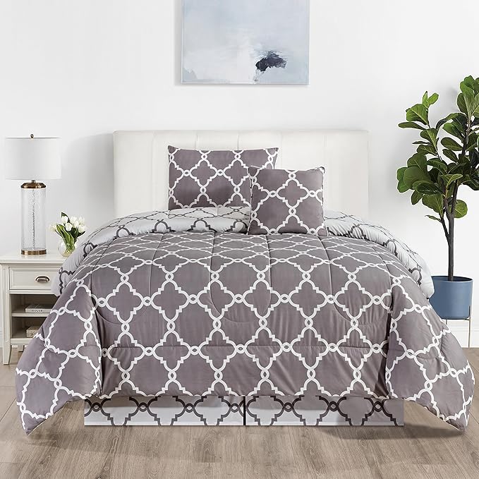 LUX Décor Reversible 4pc Twin Comforter Set, Printed Bedding Set, All-in-One Bed in a Bag, Includes 1 Comforter, 1 Pillow Sham, 1 Decor Pillow & 1 Bed Skirt (Quatrefoil Grey,Twin)