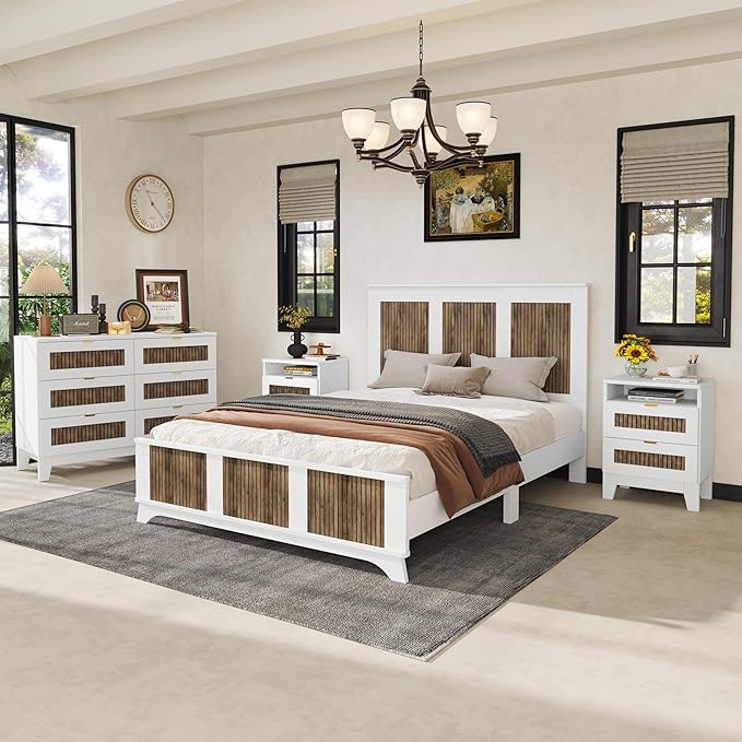 SOFTSEA 4 Piece Queen Size Bedroom Set with Storage, Farmhouse Solid WOD Platform Bed with Wooden Strip Decoration, 4 Piece Bedroom Furniture Set, White