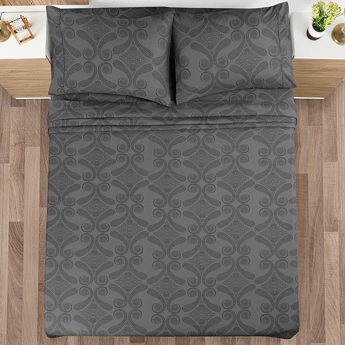 Utopia Bedding Queen Sheet Set, Soft Microfiber 4 Piece Bed Sheets with 15" Deep Pocket - Easy Care Brushed Microfiber (Paisley - Grey)