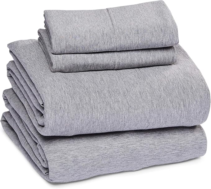 Amazon Basics 4 Piece Breathable 100% Cotton Jersey Knit Bed Sheet Set, Includes Flat and Fitted Sheets, Pillowcase, Stretchy, Full, Light Gray, Solid