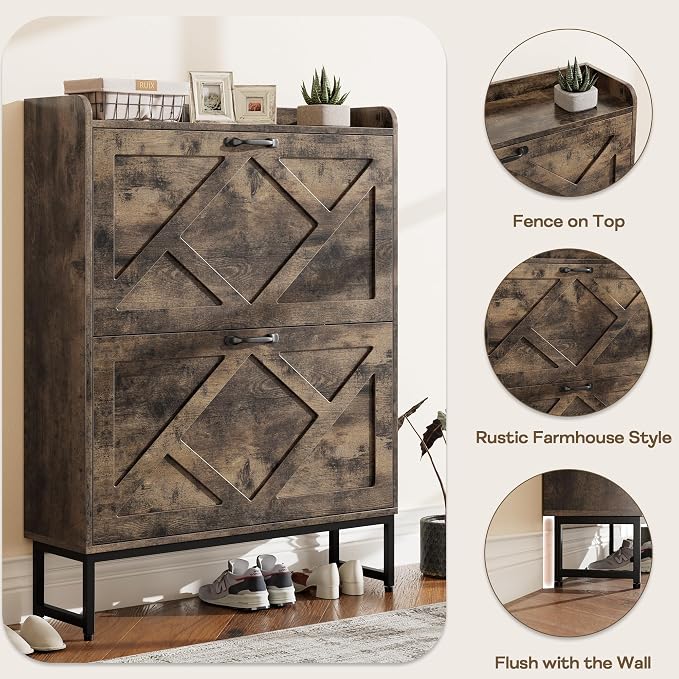 Nicetree Shoe Cabinet with 2 Flip Drawers, Freestanding Shoe Storage Cabinet with Metal Legs, Farmhouse Shoe Organizer for Entryway, Foyer, Hallway - Image 9