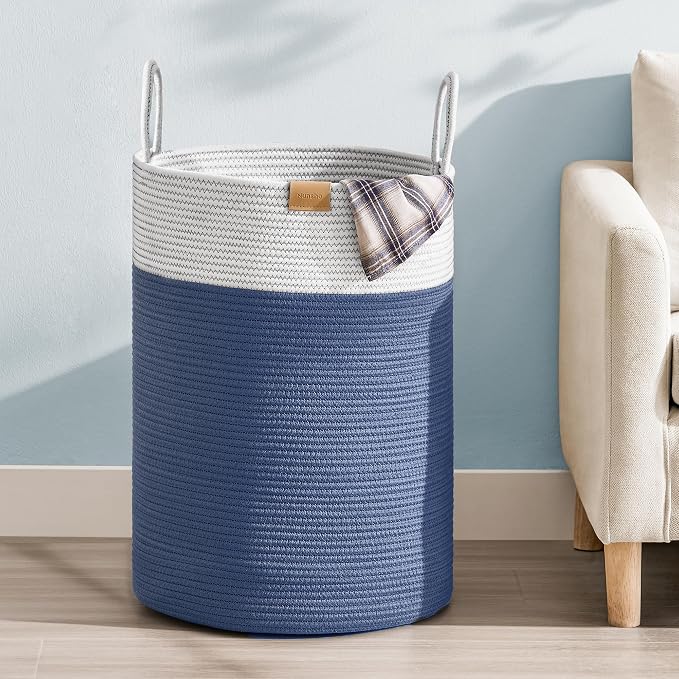 Nunsino Laundry Hamper 75L,Large Laundry Basket for Clothes,Decorative Storage Basket for Blankets,Cotton Rope Woven basket for bedroom,Navy Blue by Nunsino