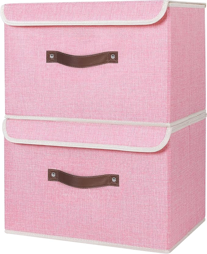 ANMINY 2PCS Storage Bins with Lid PU Leather Handles Storage Boxes PP Plastic Board Decorative Foldable Lidded Cotton Linen Fabric Home Cubes Baskets Closet Organizer Containers - Pink, Large Size - Image 2