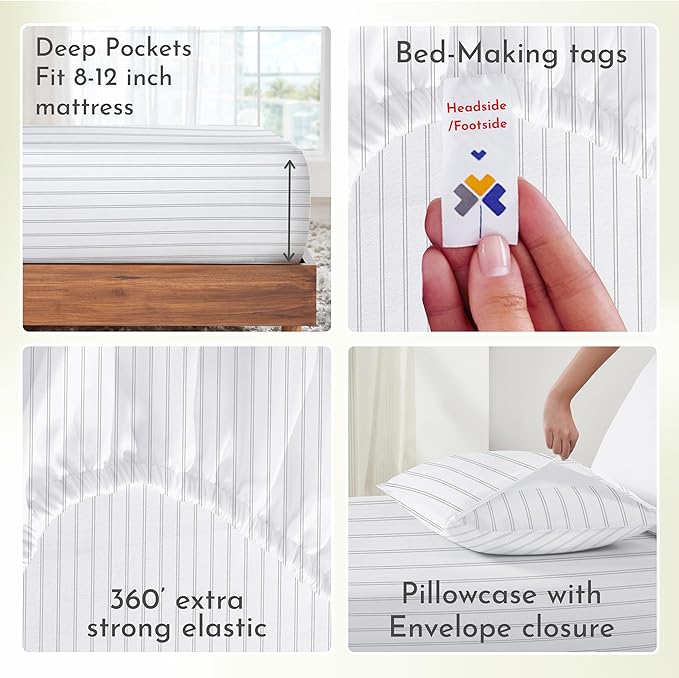 California Design Den Stripe Sheet Set Twin XL, 100% Cotton Twin XL Sheet Set, 12" Pocket Twin XL Size Sheets & Pillowcase Set, Soft Sateen Weave - Classic Stripe