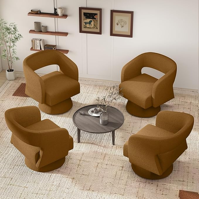 Nebuaegis Swivel Accent Chair Set of 4, Modern Comfy Teddy Barrel Chairs, Oversized Upholstered Round Arm Chair for Living Room, Bedroom, Reading Room, Brown