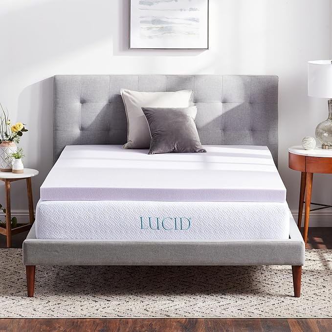 Lucid 3 Inch Lavender Memory Foam Mattress Topper, Twin Size – Essential Oil Infusion – Deep Plush Feel, Pressure-Relieving Bed Topper – Ventilated and Breathable – CertiPur Certified