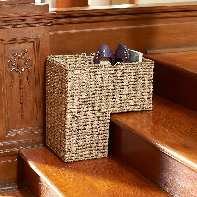 Household Essentials Wicker Stair Basket, Wicker Step Organizer with Handles, Use to Collect and Transport Items from Floor to Floor - Image 7