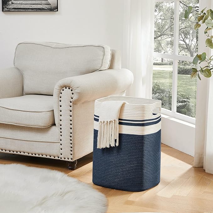 OIAHOMY Laundry Hamper-Laundry Basket,Tall Cotton Storage Basket with Handles,Decorative Blanket Baskets for Living room,Collapsible Large Baskets for Toys,Pillows,Clothes-16x13x22in-Blue - Image 2
