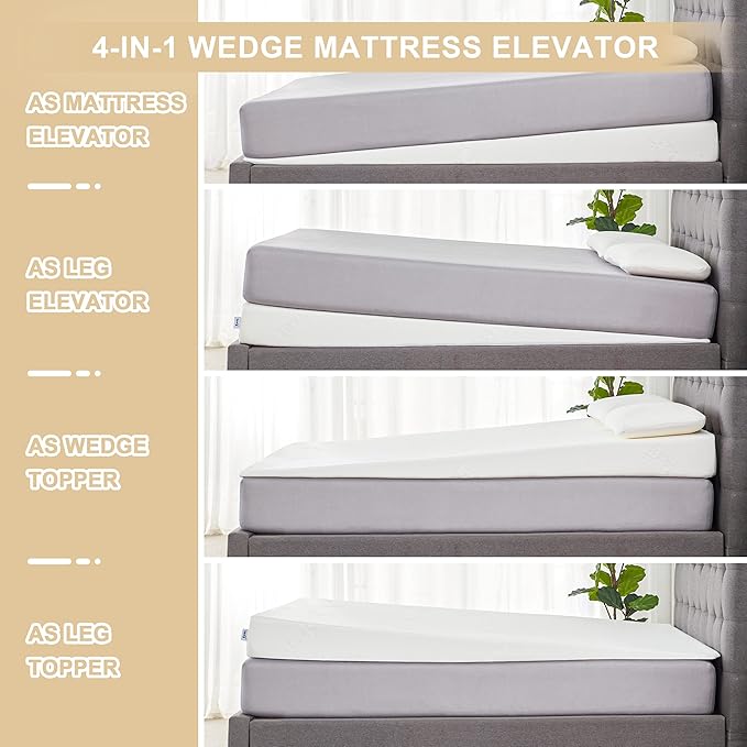 Wedge Mattress Elevator 7-Inch Inclined Mattress Topper for Acid Reflux, GERD, Neck & Back Pain, Snoring, Under Bed Wedge Mattress with Washable Cover & Non-Slip Bottom for Bedroom, Queen