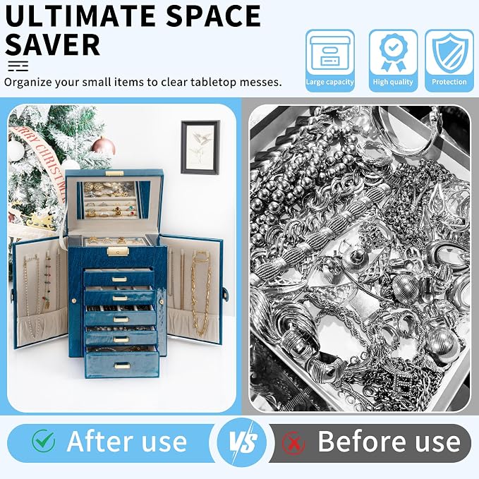 AKOZLIN 6-Tier Jewelry Box Lockable Leather Jewelry Storage Case with 5 Drawers for Women Girls Ring Necklace Earring Bracelet Holder Organizer with Mirror Blue - Image 4