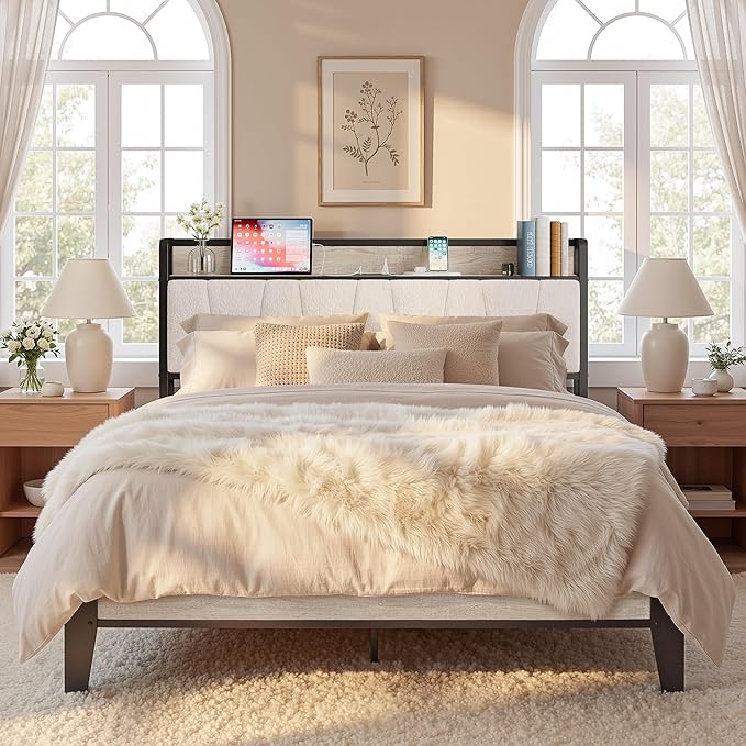 LIKIMIO Queen Bed Frames, Bouclé Storage Headboard with Charging Station, Solid and Stable, Noise Free, No Box Spring Needed, Easy Assembly