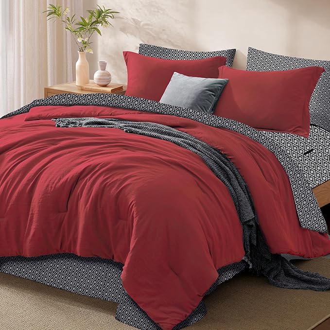 Monbix Queen Comforter Set - 7 Pieces Bright Red Prewashed Bed in a Bag Queen Bedding Sets with Comforters, All Seasons Ultra Soft Comforter Bed Set with Sheets, Pillowcases & Shams