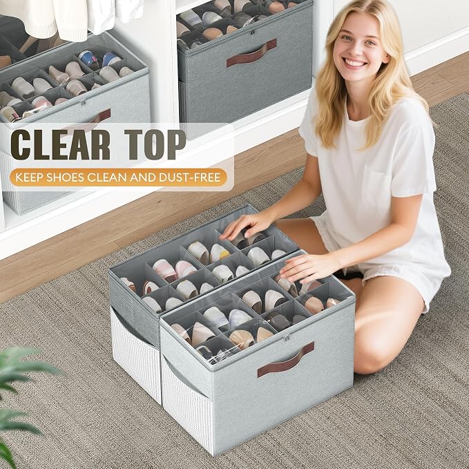 Budding Joy 2 Pack Shoe Organizer for Closet, Clear Foldable Shoe Storage Containers Adjustable Dividers Fits 16 Pairs,Shoe Storage Bins Baskets Boxes with Reinforced Handles Light Grey Greenish Grey - Image 6