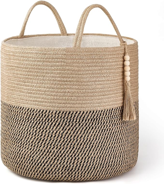 Mkono Woven Storage Basket Decorative Rope Basket Wooden Bead Decoration for Blankets,Toys,Clothes,Shoes,Plant Organizer Bin with Handles Living Room Home Decor, Yellow and Black, 16" W × 13.8" by Mkono