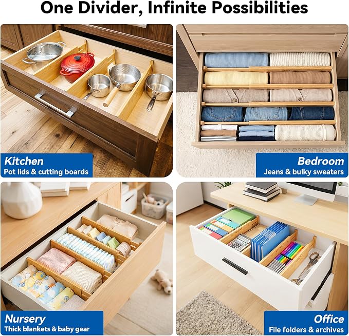 4 Pack Deep Drawer Dividers, 6" High Bamboo Expandable Drawer Organizers, 17-22" Adjustable Tension Separators, Large Drawer Dividers for Kitchen, Bedroom Dresser, Baby Nursery & Bathroom - Image 6