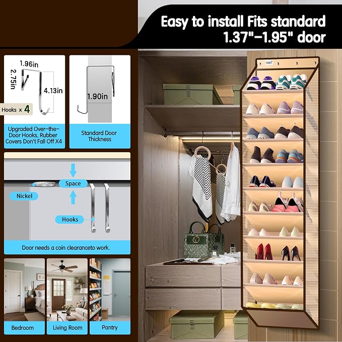 Kotkn 10 Tier Over The Door Organizer - Heavy Duty Hanging Storage Rack with Sturdy Oxford Fabric, Holds 20+ Pairs of Footwear, Boots & Sneakers, Saves 50% Closet Space(Beige) - Image 4