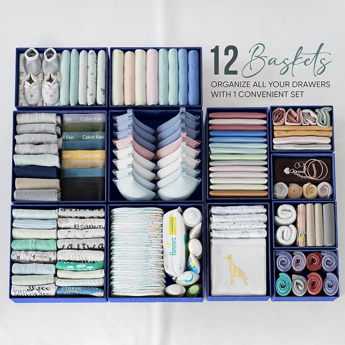 Drawer Organizer Clothes Set of 12 Navy - Dresser Organizer For Nursery, Bedroom, Closet - Perfect Baby Clothes Organizer and Storage & General Nursery Organization or Dresser Drawer Organizers - Image 3