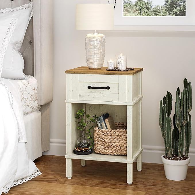 White Farmhouse Nightstand with Drawer, Small Wooden Bedside Table, White End Table, Bedroom Side Table with Storage, Rustic Wood Night Stand LET512WR