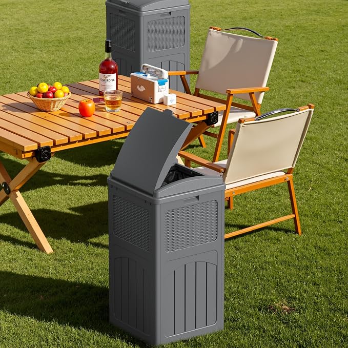 Devoko 33 Gallon Outdoor Trash Can with Dual Lid, Heavy Duty Waterproof Resin Garbage Bins Outside, Hideaway Waste Bins for Patio, Outside Pool, Backyard and Deck (2, Gray) - Image 4