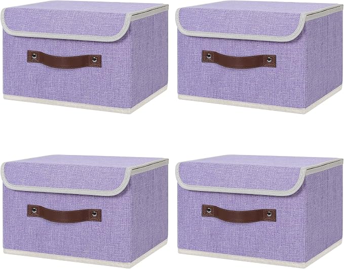 ANMINY 4PCS Storage Bin with Lid Storage Boxes with PU Leather Handles PP Plastic Board Decorative Foldable Lidded Cotton Linen Fabric Home Cubes Baskets Closet Organizer Container - Purple, Medium by ANMINY