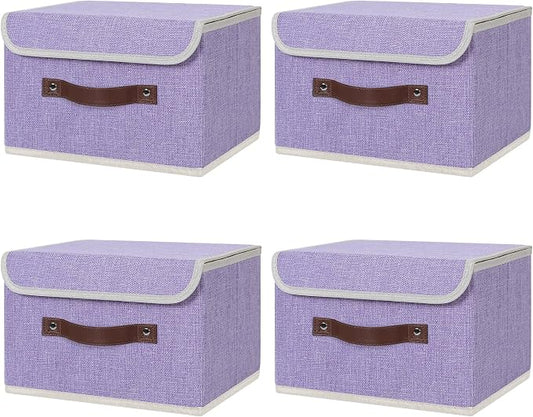 ANMINY 4PCS Storage Bin with Lid Storage Boxes with PU Leather Handles PP Plastic Board Decorative Foldable Lidded Cotton Linen Fabric Home Cubes Baskets Closet Organizer Container - Purple, Medium by ANMINY