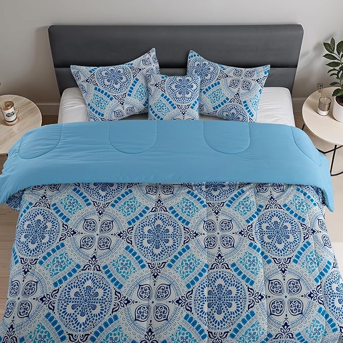 LUX Décor Reversible 5pc Queen Comforter Set, Printed Bedding Set, All-in-One Bed in a Bag, Includes 1 Comforter, 2 Pillow Shams, 1 Decorative Pillow & 1 Bed Skirt (Aztec Sky,Queen)