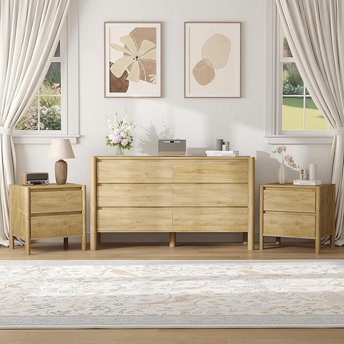 CHUWELL 3-Piece Bedroom Dresser Set-6 Drawer Dresser & 2 Nightstands,47" Wide Dresser and Night Stands with Solid Wood Cylindrical Legs,Rustic Wooden Storage for Bedroom(Oak)