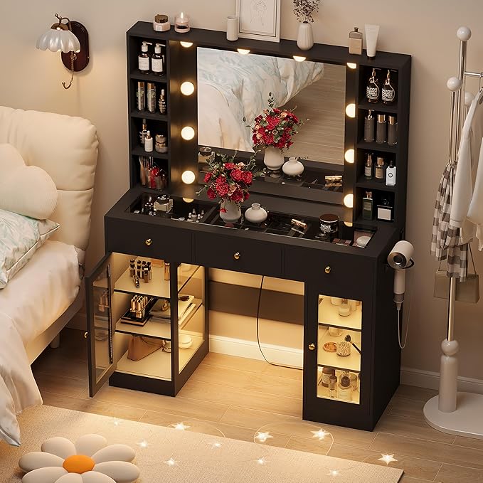 HUANLEGO Black Vanity Desk with Mirror and Lights, Glass Top Vanity with Lighted Mirror & RGB Glass Cabinet and 3 Drawers, Makeup Vanity Desk with Lights Dressing Table for Bedroom, 3 Color Modes