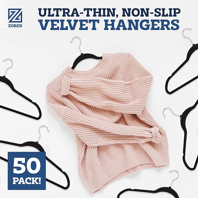 ZOBER Black Velvet Hangers 50 Pack - Clothes Hangers, Coat Hanger for Pants & Dress Clothes - Non Slip w/ 360 Degree Swivel, Holds up to 10 lbs - Strong Felt Hanger for Clothing - Image 2