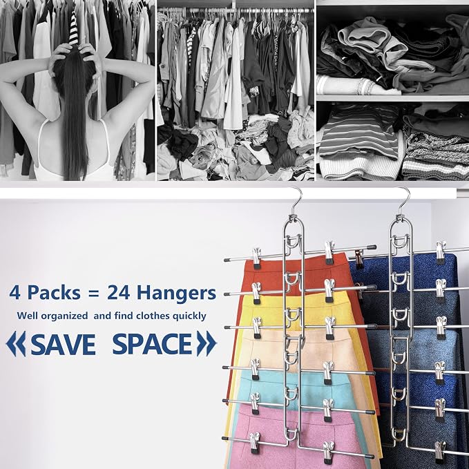 Pants & Skirt Hangers with Clips, Newly Upgraded Detachable - Space Saving Hangers, 6-Tiers Foldable Skirt Hangers for Women - Hanging Closet Organizer and Storage - 4 Pack, Patent Pending - Image 3