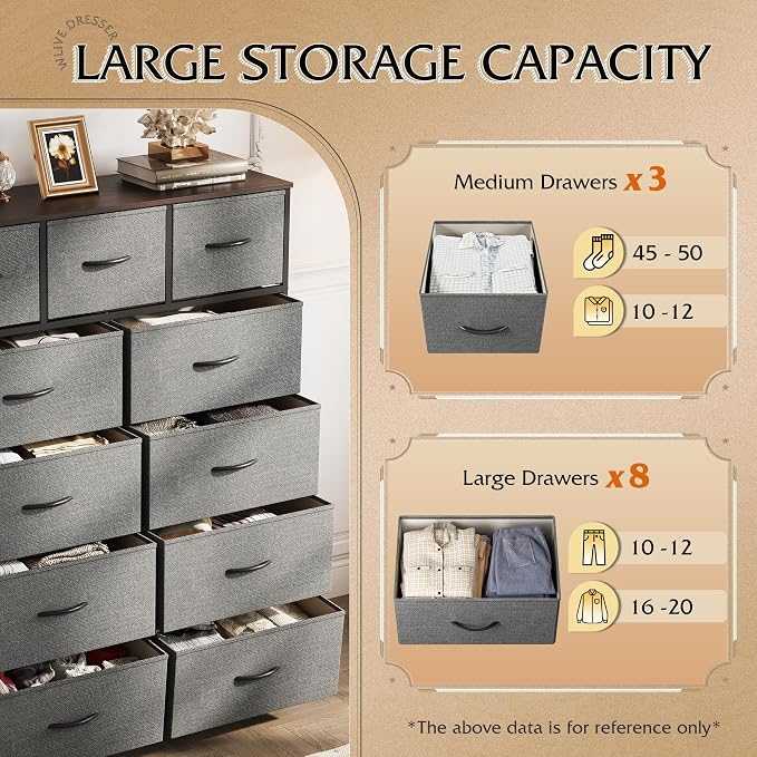 WLIVE Tall Dresser for Bedroom, Fabric Dressers Storage Tower, Dresser & Chest of Drawers Organizer Unit with 11 Drawers, Storage Cabinet, Hallway, Closets, Steel Frame, Wood Top, Dark Grey - Image 5