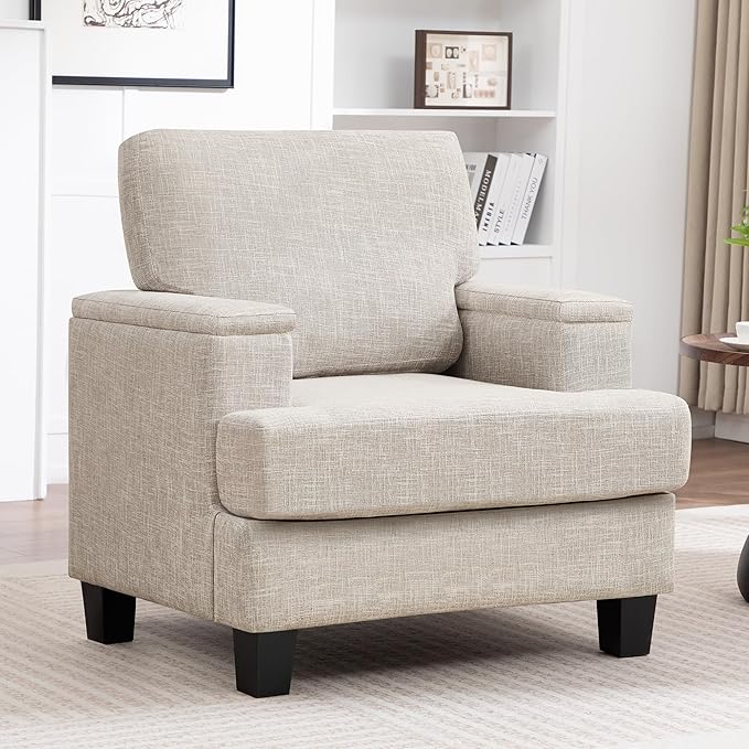 Beige Accent Chair with Armrest Storage, Modern Upholstered Reading Living Room Chairs, Comfy Large Armchair, Fabric Single Sofa Chair for Bedroom
